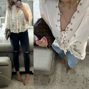 New🌸 Blushing Bloom Embroidered Tie Blouse